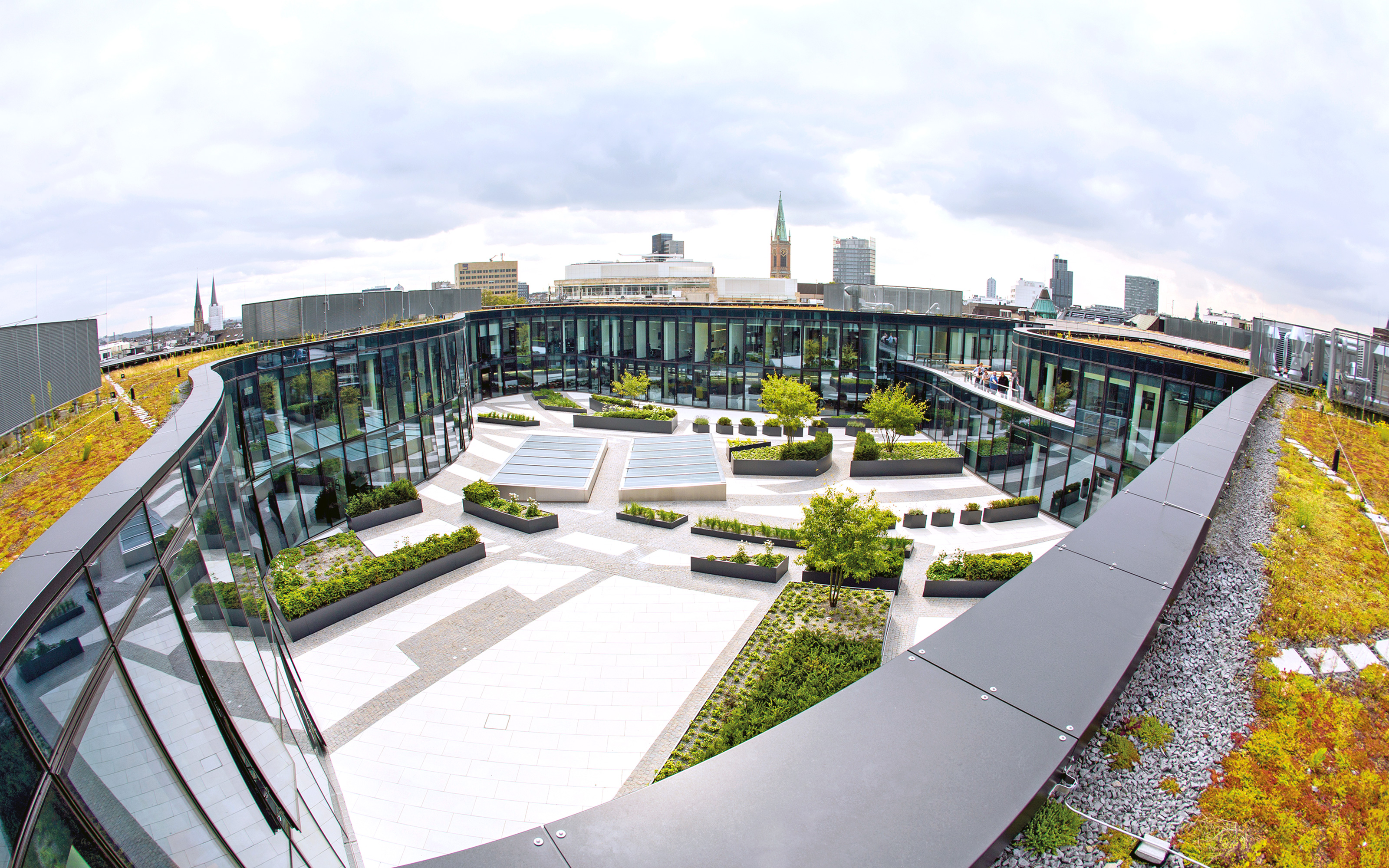 Green roofs planted with Sedum and view into the courtyard from above
