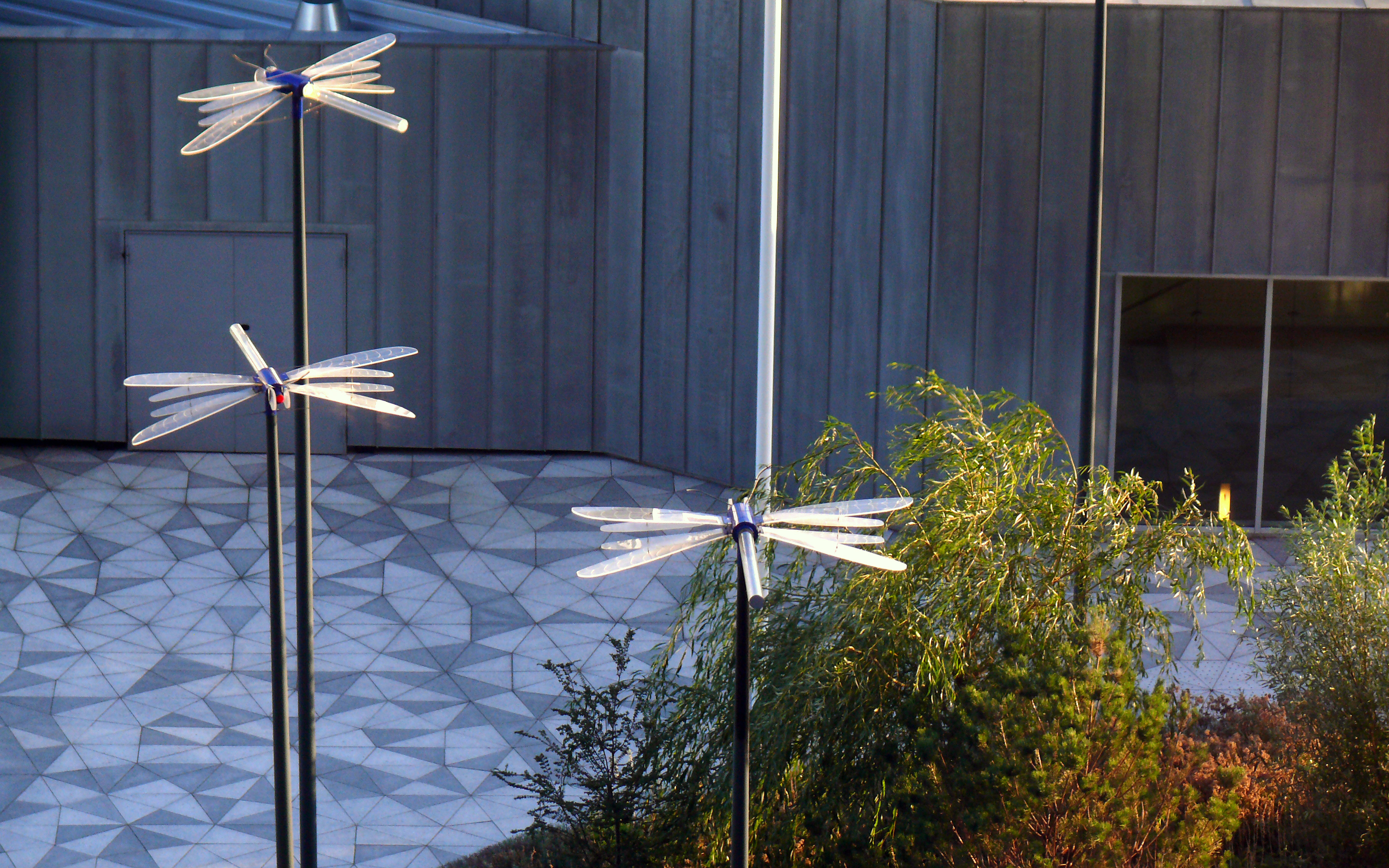 Walkways in harlequin pattern and dragonfly-like spotlights