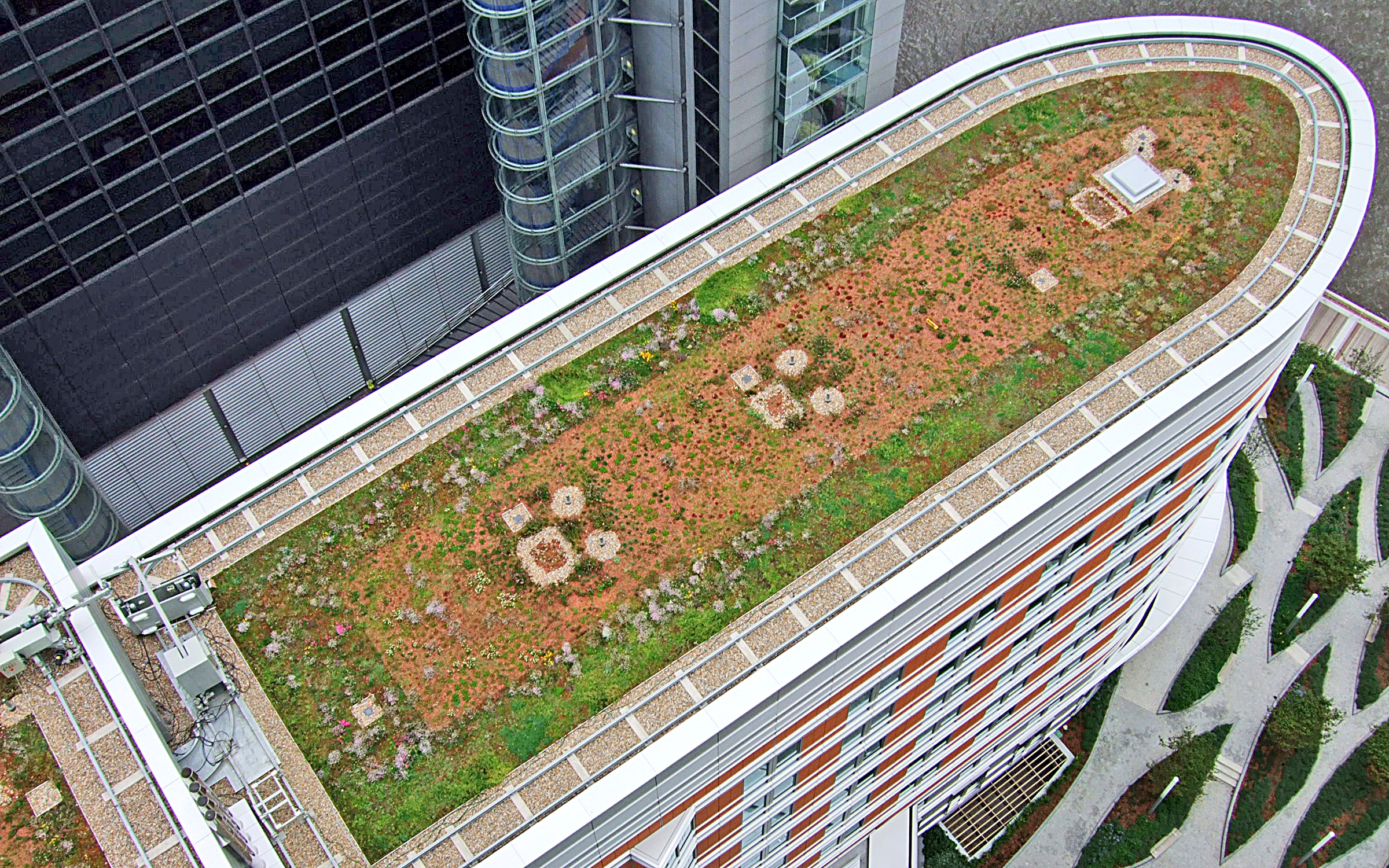 Bird's eye view onto the green roof of a tall building