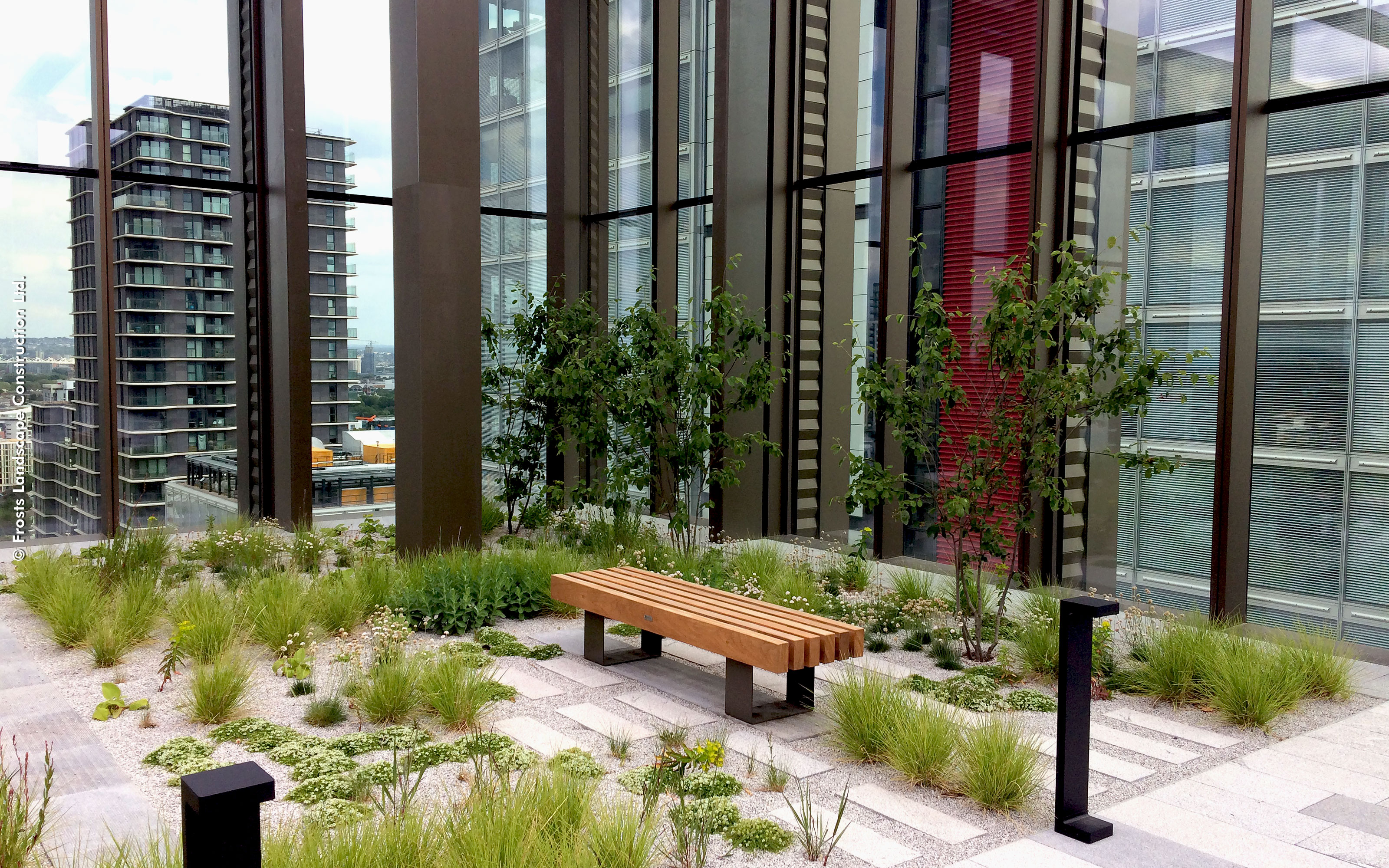Roof terrace with a bench, ornamental grasses, shrubs, paving and gravel