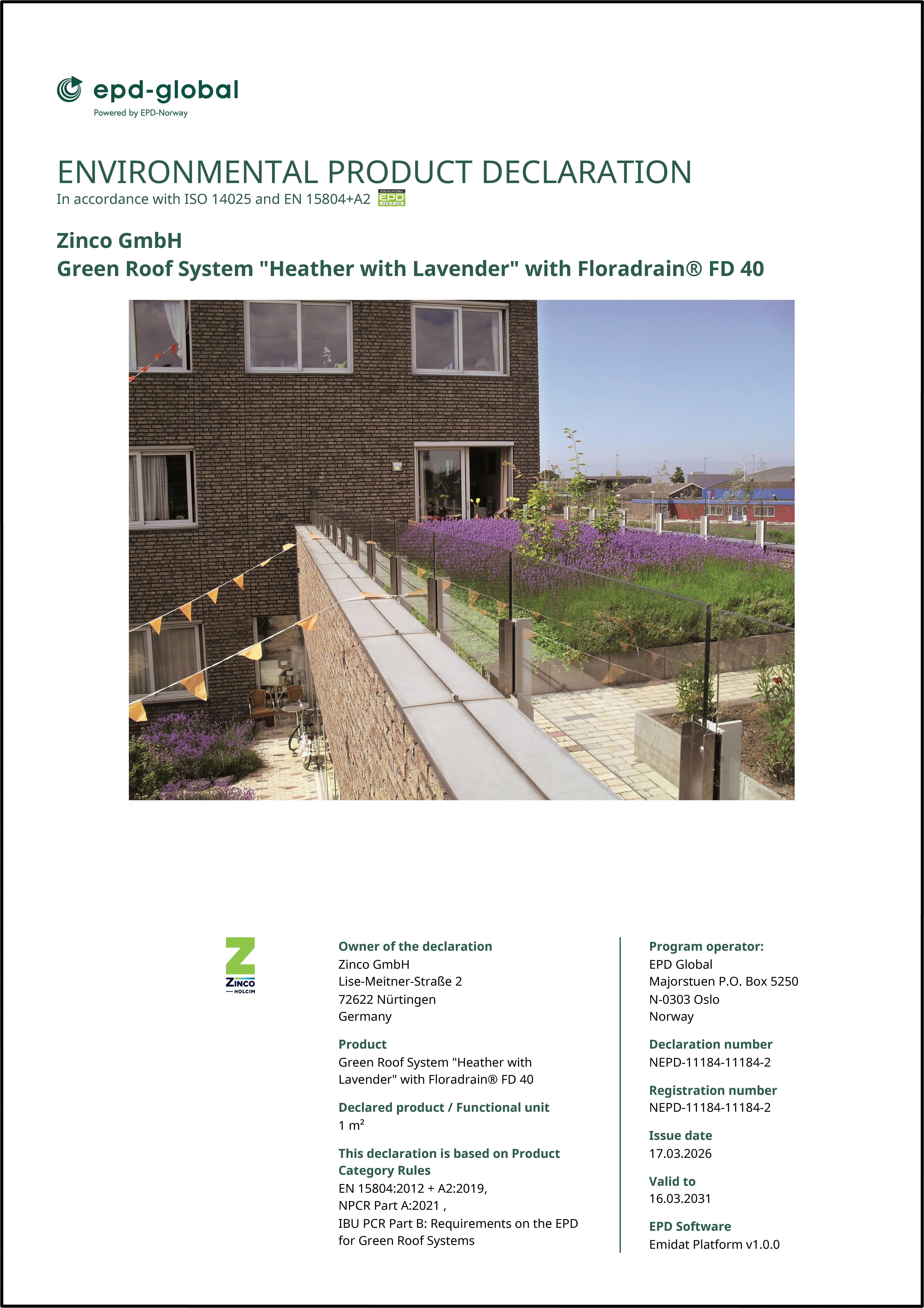EPD for the green roof system "Heather with Lavender"
