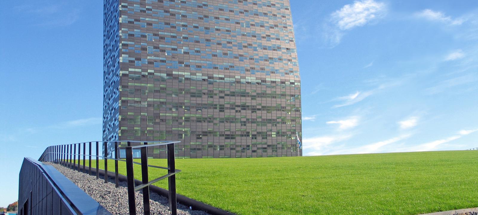 Skyscraper on a sloped grass roof