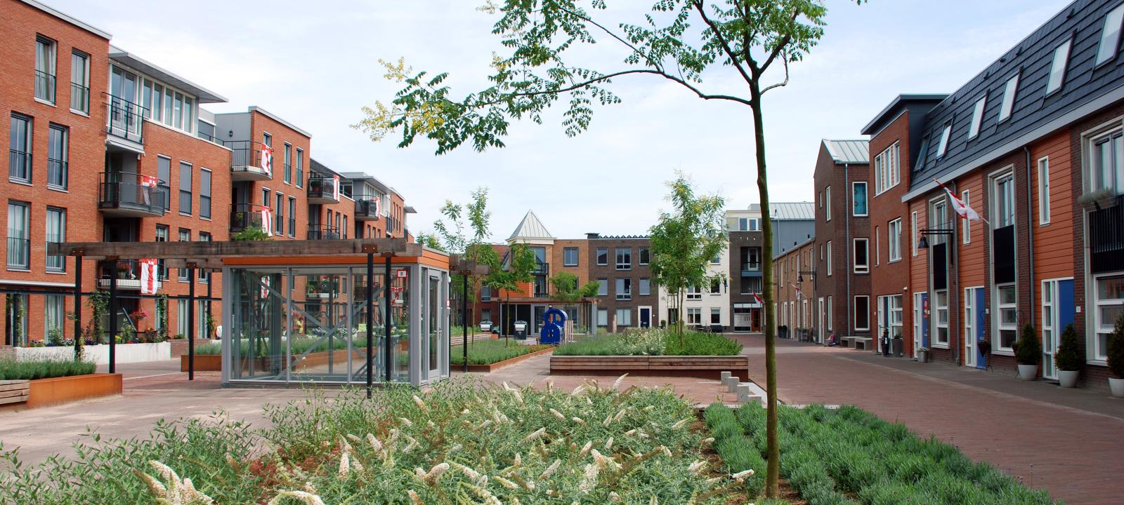 Large courtyard with plant beds and small trees, surrounded by residential buildings