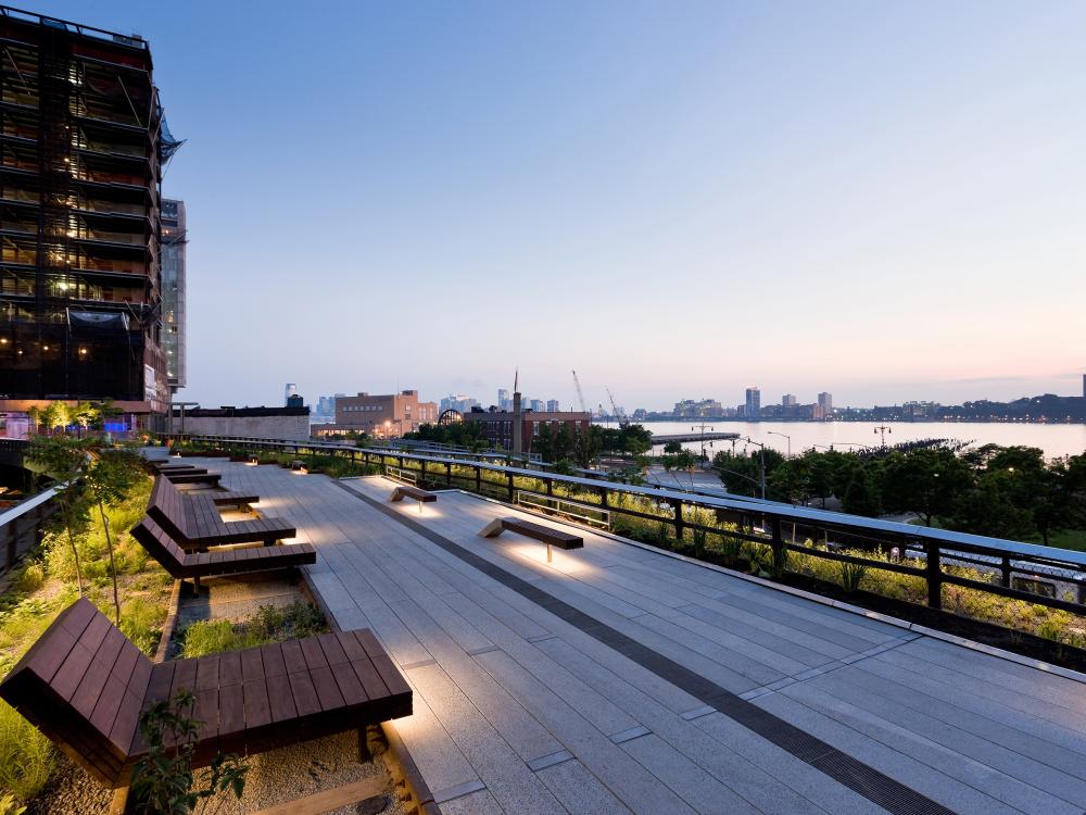 The High Line with wooden loungers at night