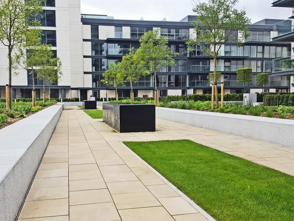 Pathways, lawn and planting beds surrounded by residential buildings