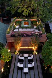 Roof garden with pond at night