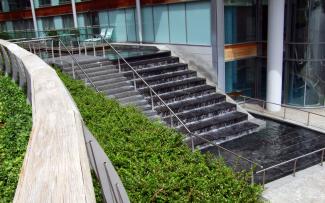 The water cascades down the steps like a waterfall – attracting attention. Water running down the stairs