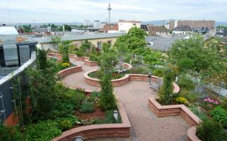 Roof garden with plant beds and walkways bordered by stone walls