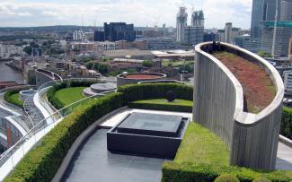 There are water features everywhere – here, a modern fountain on one of the roof terraces. Roof terrace with modern fountain and Sedum roof