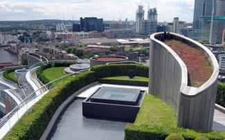 Roof terrace with modern fountain and Sedum roof