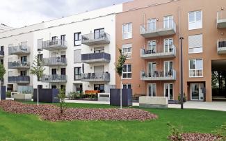 Lawn and small trees in front of residential buildings