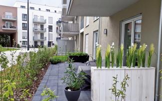 Decorated patios in front of residential flats 