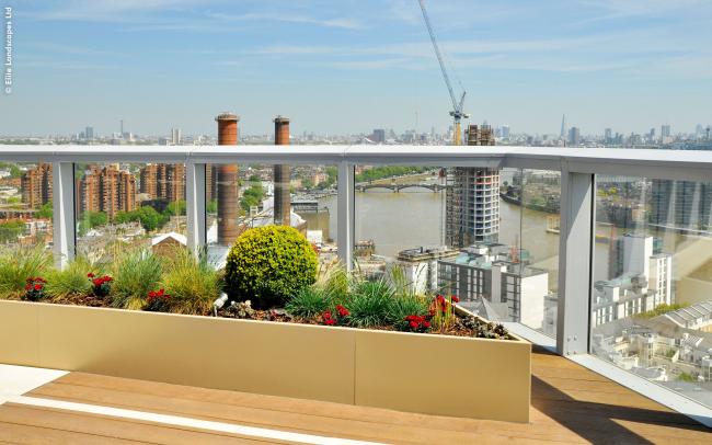 Roof terrace with planters and wooden decking